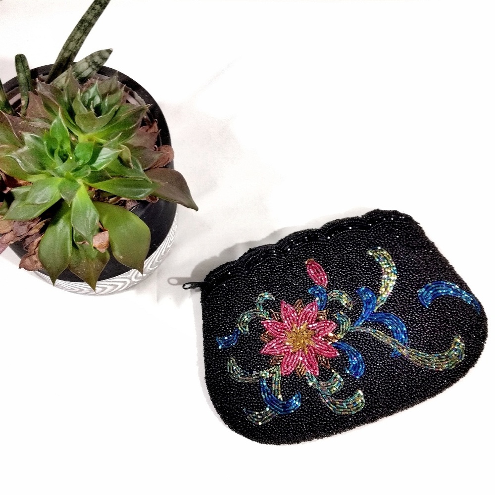 Vintage Black Floral Beaded Clutch Bag